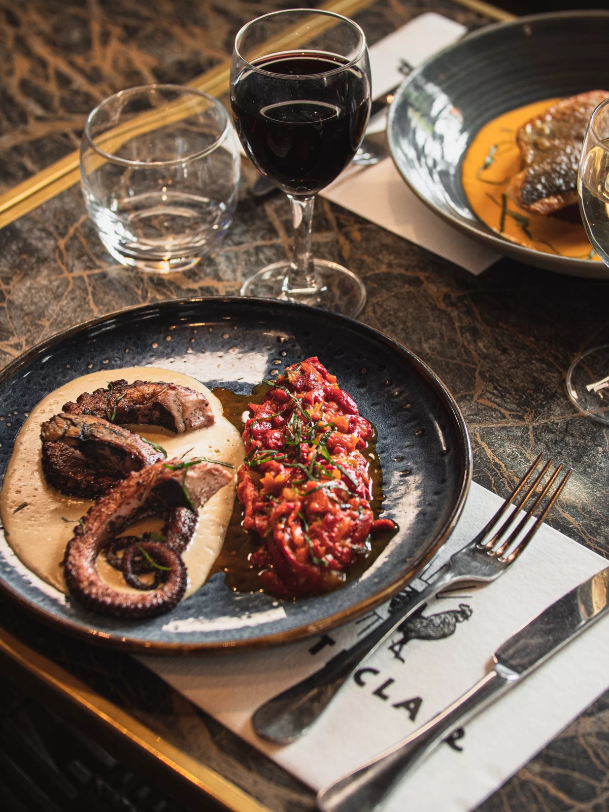 Photo culinaire restaurant gastronomique : poulpe grillé et tartare