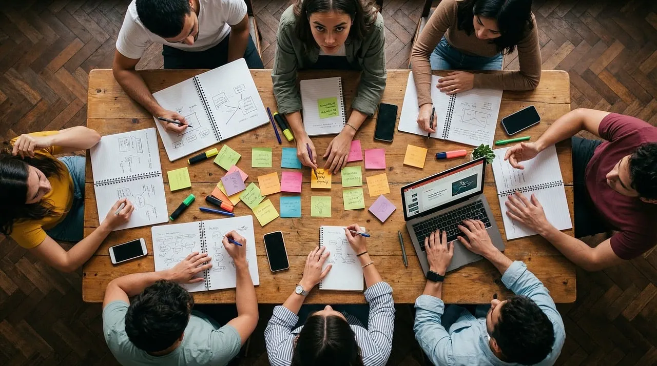Équipe créative en réunion de travail collaboratif autour d'une table, illustrant les multiples expertises mobilisées dans une agence de communication digitale