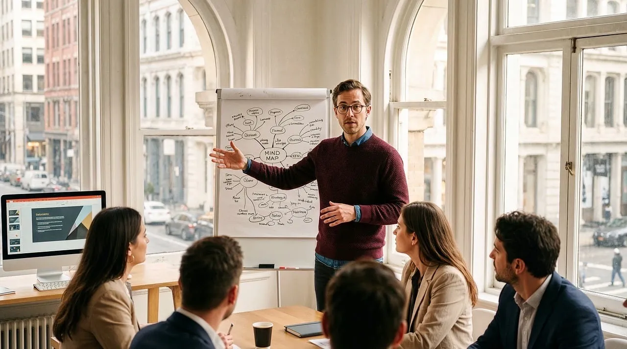Réunion stratégique d'équipe en entreprise, contexte de leadership et de positionnement managérial pertinent pour le personal branding